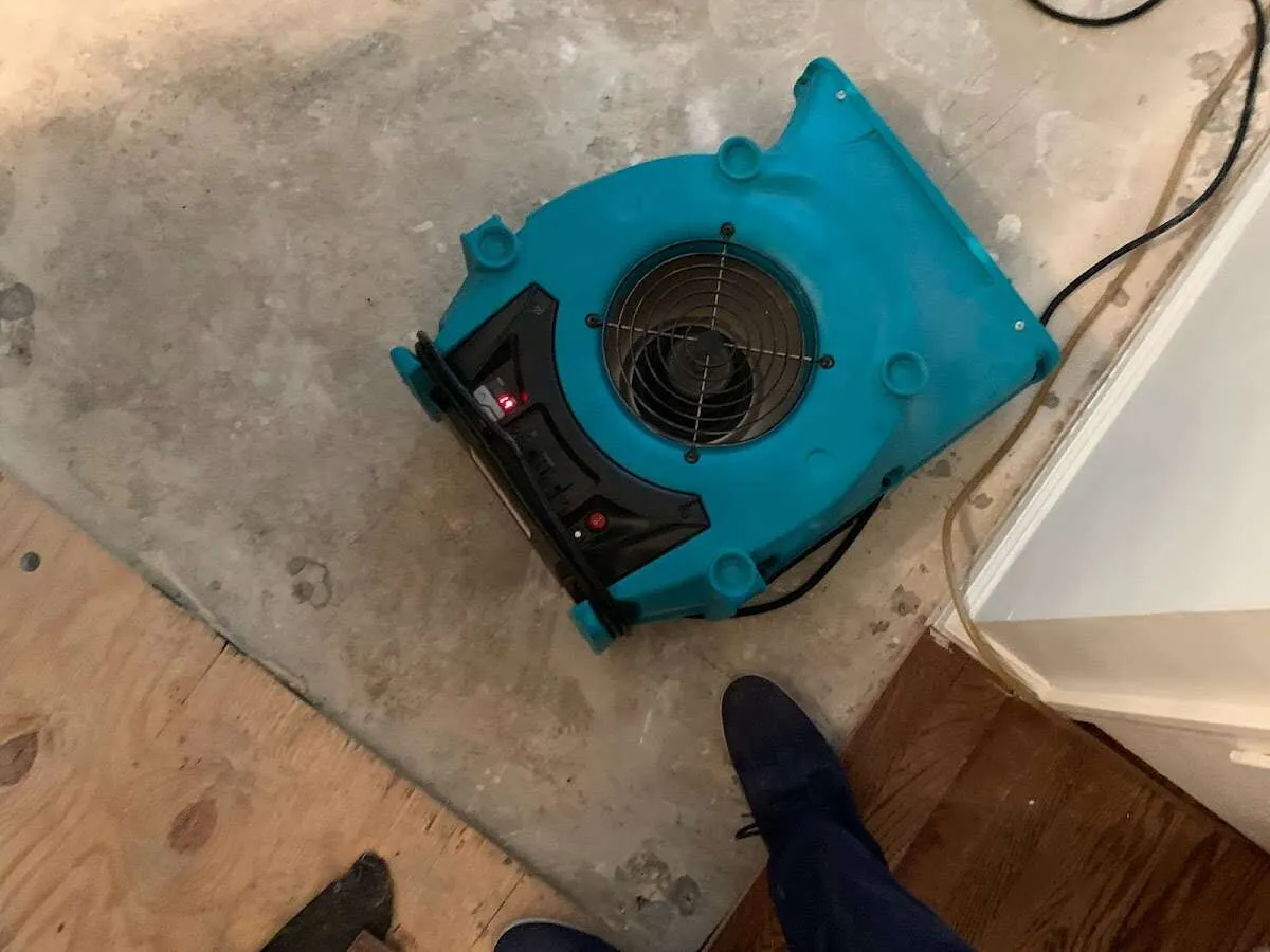 Air mover drying subfloor during Commercial Water Damage Restoration in Mabank